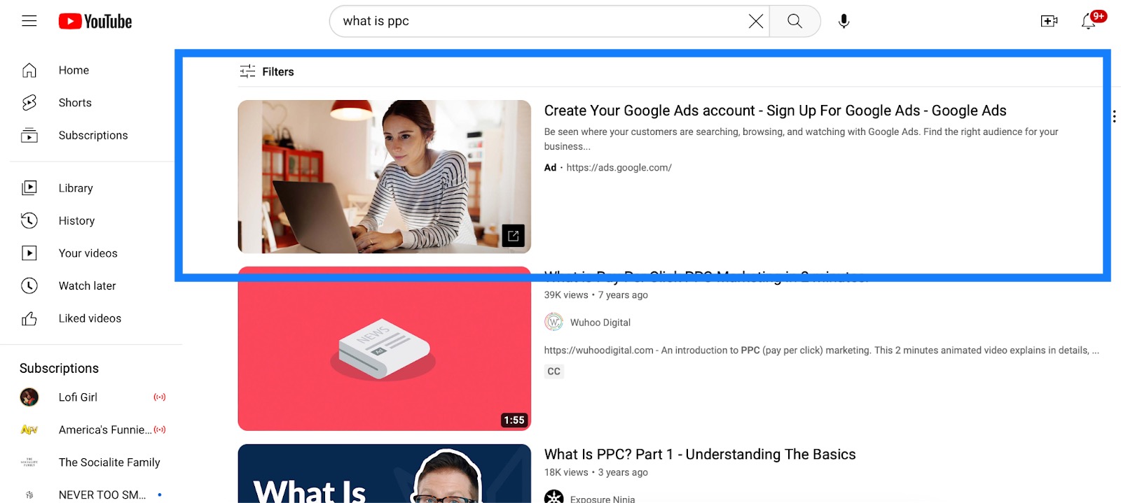 An example of Google advertising Google Ads on a YouTube search for what is ppc.